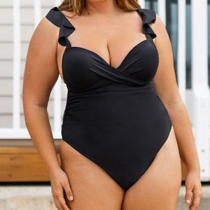 Black ruffle one piece bathing suit